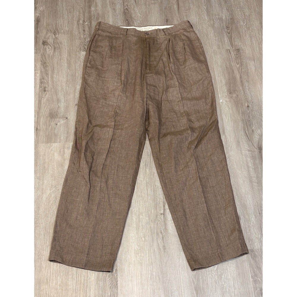 Vintage 80s 90s Banana Republic Mens 35R Brown 100% Linen Pleated Trousers Pants